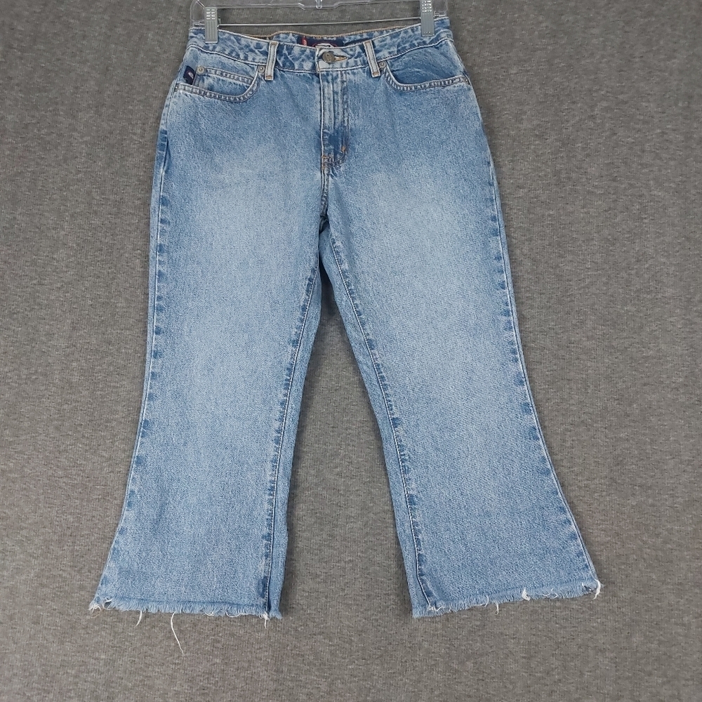 BONGO JEANS WOMENS Y2K SUPER RIDER FLARE BLUE DENIM RAW HEM CAPRI PANTS SIZE 5